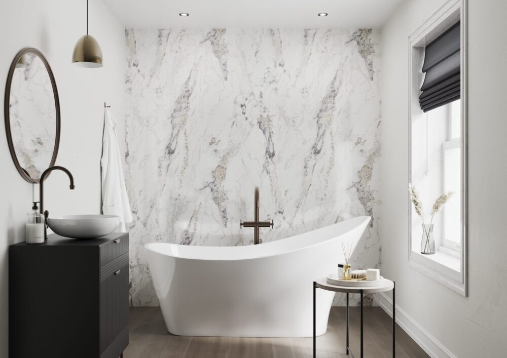 White Marble Herringbone Bathroom Wall Panels – Showerwall